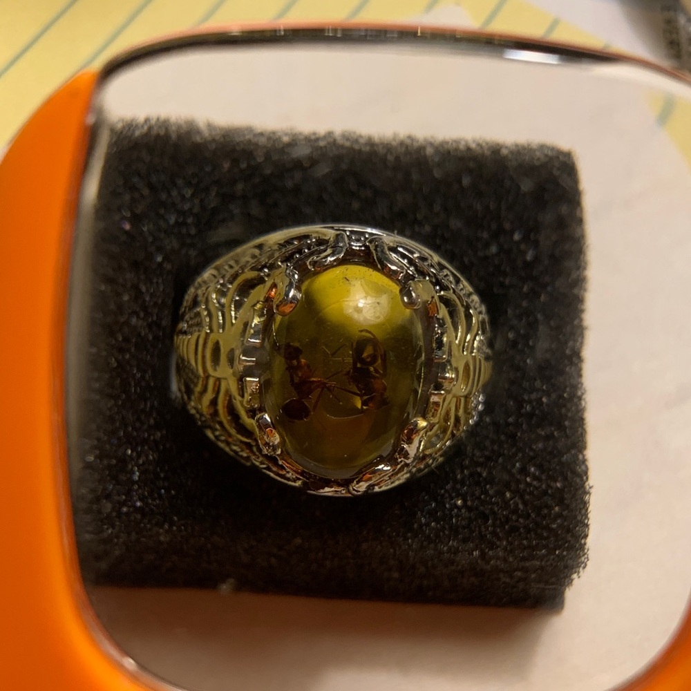 Men Unique Silver Tone Large Oval Amber With Ants In Scorpion Clawing Upwards 9